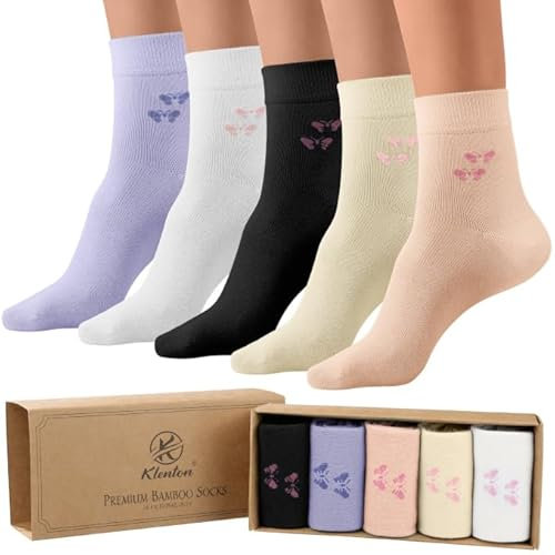 Klenton Chaussettes décontractées en bambou pour femmes, Chaussettes en Viscose de Bambou Douce et Respirante Avec Bout Lisse, 5 Paires, Taille 37-42