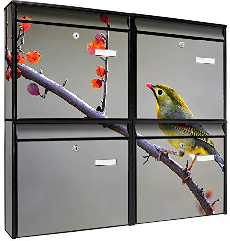 Briefkastenanlage 4 Fach | Postkästen 72x64x10cm groß | verzinkter Stahl Silber DIN A4 Motiv Herbst Vogel | Briefkasten Set 4 Briefkästen Namensschild, 2 Schlüssel, Montagematerial
