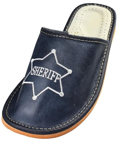 APREGGIO - Ciabatte Estive da Uomo in Pelle Liscia - Pantofole Casa Uomo - Con le dita coperte - Slip-On - Suola Piatta - Leggere - Sheriff Blu - Taglia 43 EU
