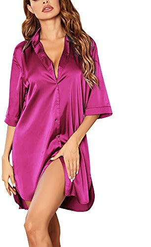Ekouaer Chemise de Nuit Femme Ete 3/4 Manches Longues Ete Satin Grande Taille Sexy Chic Courte Vêtements de Nuit Femme, Fuchsia, XL