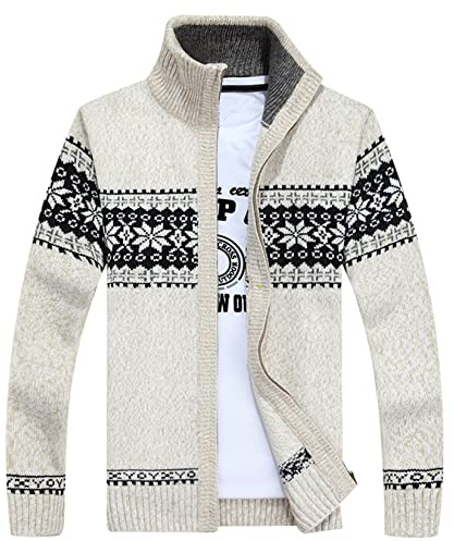 Lu's Chic Men's Cardigan Sweaters Winter Thick Knit Heavy Knitted Norwegian Casual Slim Fit Full Zip Up Fashion Zipper Sweater Jacket Male Sweater Coat Beige White Large