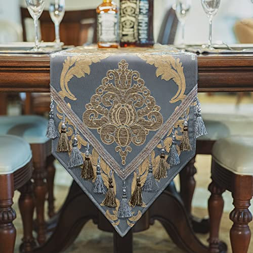 TOPLUXE Tischläufer mit Quasten, Jacquard Tischdecke für Esstisch Urlaub Party Wohnzimmer Dekoration (33x180cm, Grau Blau)