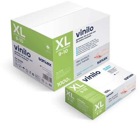 Santex | Guantes de vinilo sin polvo transparente | Guantes de protección ambidiestros | Guantes desechables de un solo uso | Guantes vinilo | Caja de 100 unidades |Talla XL