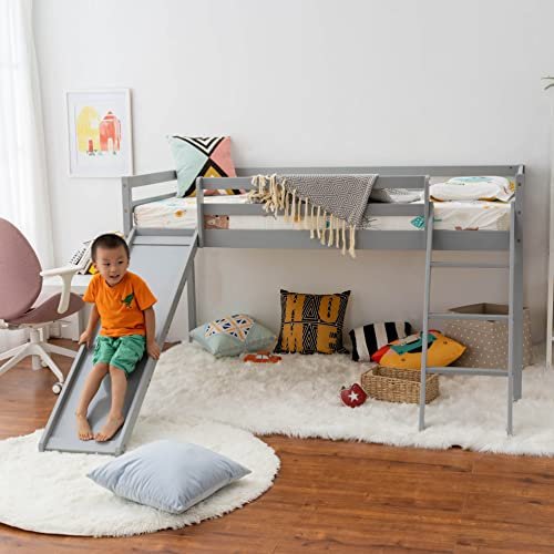 Panana Mid Sleeper Bed with Slide, Single Bed for Kids 3FT Solid Pine Wood Bunk Bed with Ladder, Grey, 02-GY-Slide