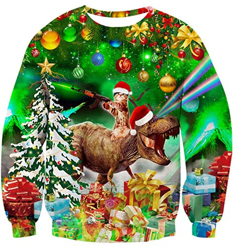 ALISISTER Herren Weihnachtspullover 3D Neuheit Dinosaurier Katze Grafik Ugly Christmas Sweater Crewneck Casual Sport Party Weihnachten Pullover Sweatshirt M