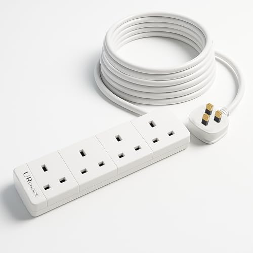UR CHOICE 4 Gang Extension Lead – 2 Metre White Cable with UK Plug & 3-Pin Sockets | Wall-Mountable Multi Socket Power Strip for Home, Office, Kitchen & Bedroom (1 Pack)