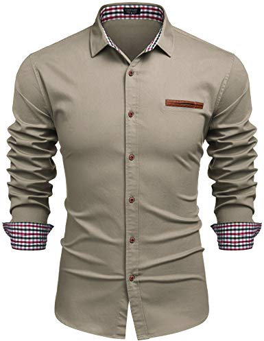 COOFANDY Mens Shirts Long Sleeve Denim Shirt Slim Fit Cotton Dress Work Shirt Smart Casual Western Cowboy Shirts for Men with Plaid Collar AA-Khaki L