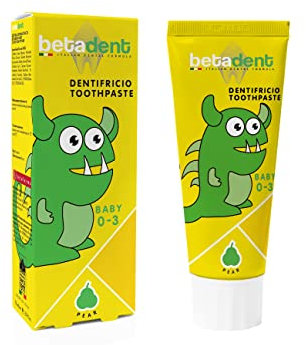Betadent Baby Zahnpasta für Kinder von 0 bis 3 Jahren. Fluorfrei Birne Geschmack Anti-Plaque-Wirkung, erleichtert das Zahnen, natürliche Formulierung - 75 ml