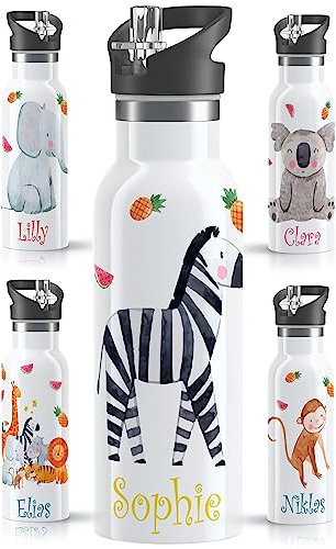 OWLBOOK® Edelstahl Trinkflasche Kinder personalisiert | Wasserflasche mit Strohhalm | 600 ml | Sportdeckel | Spülmaschinenfest | Schule Schulanfang Geschenke zur Einschulung Junge Mädchen | Zebra