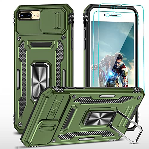 YmhxcY Hülle Für iPhone 7 Plus/iPhone 8 Plus Hülle,*2 Displayschutzfolie,Slide Camera Cover, Militär Grade Schutzhülle, 360°Drehen Metallständer,Für iPhone 7 Plus/iPhone 8 Plus Hülle-Olivgrün