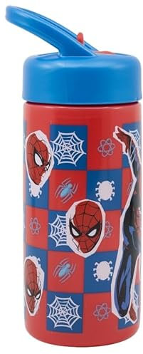 variouss Botella de Agua Infantil con pajita y Asa Incorporada- Reutilizable uso escolar o deportivo con licencia oficial (Spider Man)
