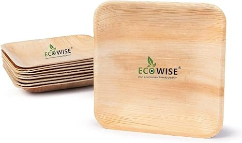 Disposable Palm Leaf Plates 10 Inch - 25 X 25 cm, Square Compostable Dinner Plates, Eco-Friendly, Biodegradable Heavy-Duty Plate for Wedding, Party and Picnic, Microwave & Oven Safe, Pack of 50