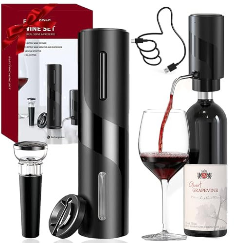 Tire Bouchon Electrique Rechargeable, 4 en 1 Ouvre-Bouteille Automatique Avec Ouvre Bouteille Electrique, Aérateur de Vin Électrique, Coupe-boîte, Bouchon à Vide, pour cadeau de Noël Amateurs de Vins