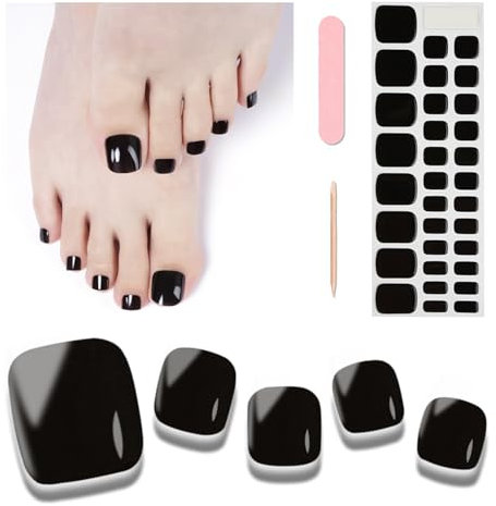 Foyute Semi Cured Gel Nail Strips 32 Pcs,Toenail Wraps Soft Self-Adhesive Gel Pedicure Stickers Salon-Quality,Long Lasting,Easy to Apply & Remove,with Nail File & Wooden Cuticle Stick