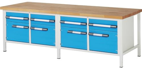 eurokraft | Werkbank | Gestellbauweise Serie 8000 | 4 Schubladen 180 mm | 4 Türen 360 mm | BxT 2500 x 900 mm