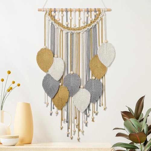 Weldomcor Tapiz de macramé Tapiz con Cuentas de Madera Tapiz Boho Macramé Hoja Decoración para Dormitorio Sala de Estar Departamento, 42x80 cm（Amarillo）