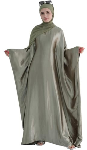 Abaya Muslim Dress Women Satin Prayer Dress Batwing Long Sleeve Middle East Arabian Robe with Hijab, Olive Green, Size 2
