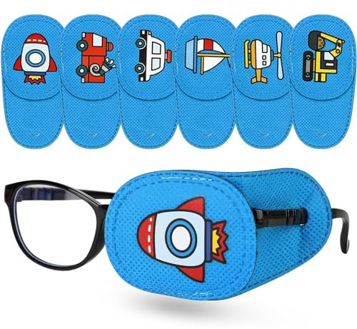 Fadbuds 6 pièces Cache Oeil pour Lunettes, Bleu Réutilisable Cache Oeil pour Amblyopie Strabisme Améliorer la Vision Orthoptiste, Motif Voiture Cache-Yeux pour Lunettes pour Couvrir l'oeil Gauche