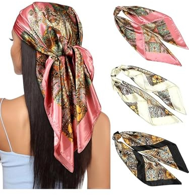Generisch Kopftuch für Frauen, 3 Stück Großes Quadratisches Satin-Kopftuch Halstuch Satin-Kopftücher Seidengefühl Haarbandana Schal Boho-Kopfwickel Kopfbedeckung