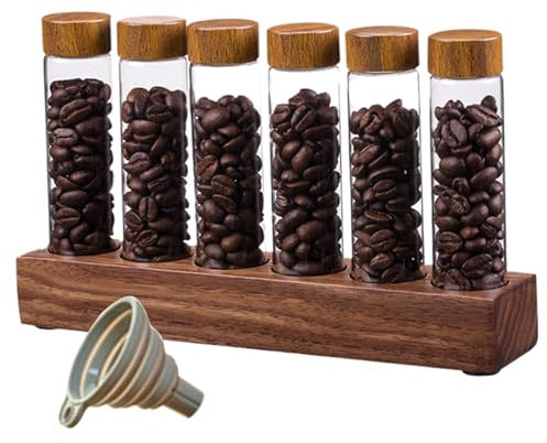 Single Dose Coffee Bean Storage Coffee Bean Tubes Coffee Bean Cellars 6Pcs Single Dose Coffee Bean Storage Tubes with Wooden Stand & Funnel Airtight Sealed Glass Coffee Bean Container with Lids