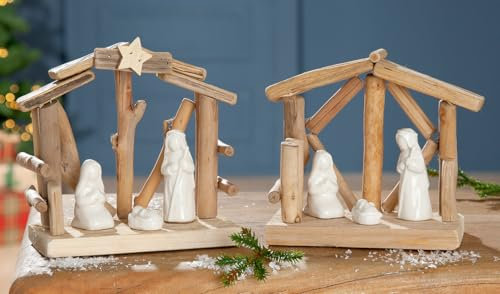 GILDE Deko Krippe Maria & Josef, Holz, naturfarben, L. 8 cm, B. 15 cm, H. 15 cm