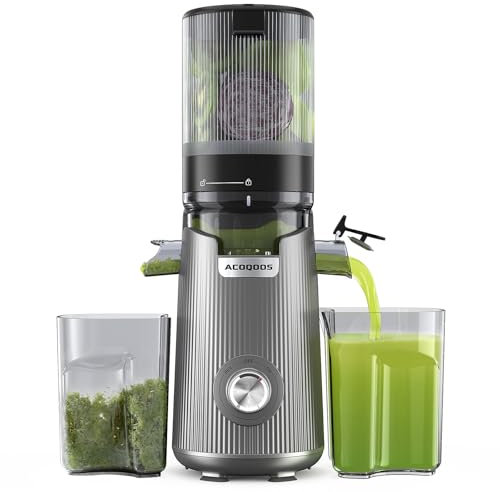 ACOQOOS Juicer Machines, Cold Press Juicer Whole Fruit and Vegetable with 5.3 Wider and Larger Feeding Chute (Capacity 1.8L), Easy to Clean Juicers with 2 Cups, Masticating Juicer Silvery