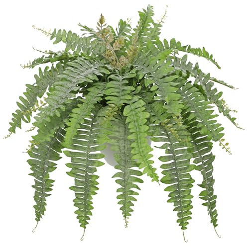 Hollyone 25.5'' Artificial Boston Fern Potted Plant, Fake Fern Bushes in Pot for Indoors & Outdoors, Frosted Faux Plants for Home Decor, Garden, Patio, Balcony, Living Room Decorations