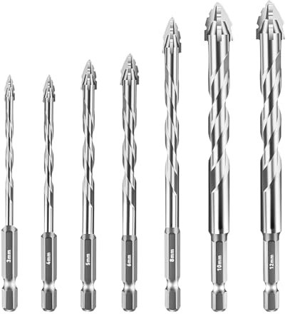 SWTHM 7PCS Eccentric Drill Bit, 1/4” Hex Shank, 3/4/5/6/8/10/12MM Four-Flute Sawtooth, Wood Metal Marble Glass Concrete, Titanium Coated, Precision Thread Craftsmanship