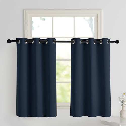 PONY DANCE Scheibengardinen für Kleine Fenster 2 Stücke H 90 x B 106 cm Kurzvorhang Blickdicht Bistrogardine Küchen Gardinen Wärmeisolierend Verdunkelungsvorhang Ösen, Dunkelblau