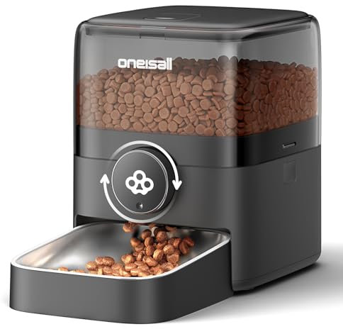 oneisall Futterautomat Katze, 3L Katzenfutter Automat mit 304 Edelstahlnapf, 1-6 Mahlzeiten pro Tag, Trockenfutterspender für Katzen/Hunde, mit Programmierbarem Timer
