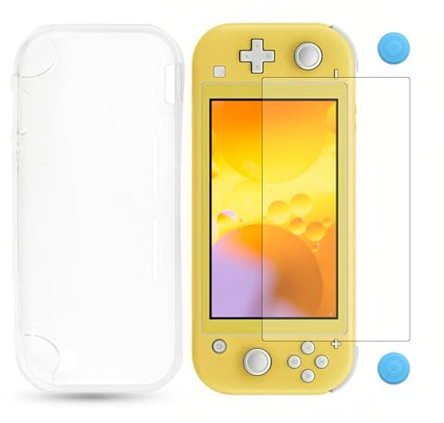 Custodia in TPU da per Switch Lite 2019, 1pc Cover Morbida TPU Trasparent con 2 HD Chiaro Proteggi Schermo in Vetro Temperato e 2 Tappi, Cover con Assorbimento degli Urti e Anti-Graffio (Blu)