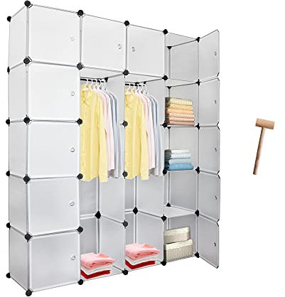 Fiqops Kleiderschrank, Tragbarer Regalsystem, 20 Würfel DIY Regalsystem Kleiderschrank Offen Kunststoff Garderobe mit Türen Garderobenschrank Weiß 180 x 142 x 37 cm