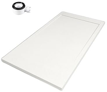 VAROBATH | Plato de Ducha URBANSTONE – Material Resina con Carga Mineral y Textura Pizarra Antideslizante C3 – Incluye Válvula Desagüe y Rejilla (Blanco RAL9003, 80x100)