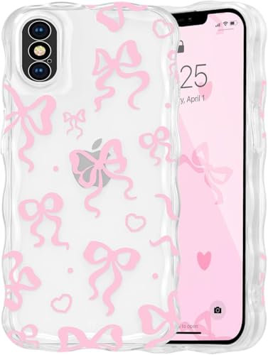 Draamvol for iphone x/xs Phone Case, Clear Wave Frame Ribbon Bowknot Pattern for Girls Women Soft Non-Yellowing Shockproof TPU Camera Protective Phone Bumper Cover, Pink