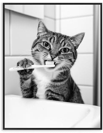 Dazzlewall Funny Cat Bathroom Wall Art, Cute Cat Brush Teeth Black and White Animal Poster Pictures for Bathroom Toilet 12x16 in Unframed