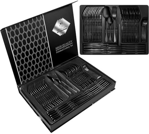 Premium Edelstahl Besteckset 48tlg 12 Personen (12x Messer/Gabeln/Löffel) - Spülmaschinenfest, Hochglanzpolitur - Modernes Design (Schwarz)