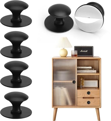 HENGBIRD Pack of 6 Adhesive Furniture Knobs, Black, Self-Adhesive Door Handle & Cabinet Knob Made of Stainless Steel, No Drilling Handle, Replacement for Mirror Cabinet, Drawer, Shower Door, Glass