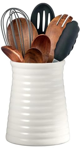 Jinfanshurich Porta utensili da cucina in ceramica bianca, 12,5 x 14,5 cm, pratico utensile da cucina per cucchiaio e frusta