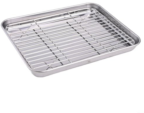 Bandeja de horno de acero inoxidable con estante de refrigeración, bandeja profesional para horno para asar verduras, alas de galletas (26 x 20 x 2,5 cm)