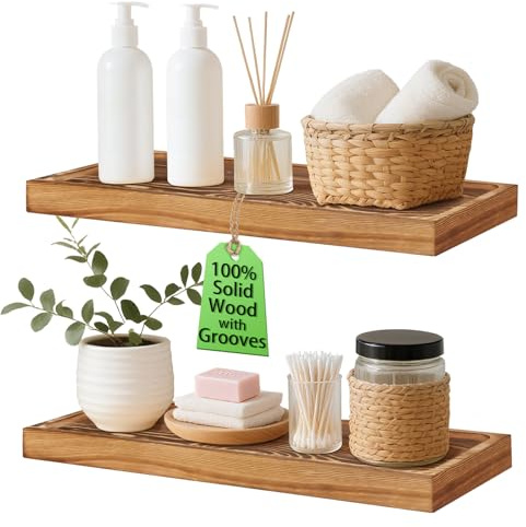 Hiitytin Schweberegale aus Massivholz, Badezimmer, 40,6 cm, rustikale Wandregale aus Holz mit Rillen, 2er-Set, Heimdekoration für Wohnzimmer, Schlafzimmer, Küche, Bauernhaus, 40,6 x 17 cm, Braun