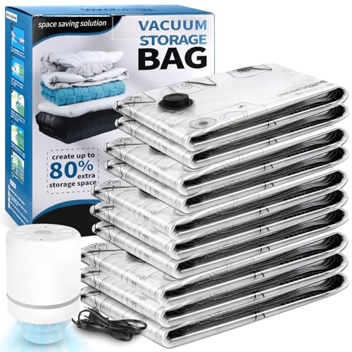 PQETBV Sac Aspiration Sous Vide Vetement 10 Combo avec Pompe Électrique, Étanches Gain de Place Sac de Rangement Sous Vide pour Vêtements, Literie, Couettes