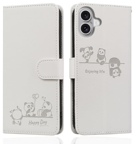 Butnyeoe for iPhone 17 Flip Case with Card Holder, iPhone 17 Wallet Case for Women, PU Leather Magnetic Book Protective Phone Cover, Cute Cartoon Panda White