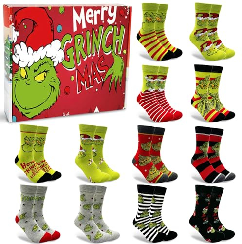Sunshine smile Weihnachtssocken,12 Paar Grinch Baumwolle Socken,Anime-Muster Socken mit Motiv Weihnachtsmotiv,Lustig Bunte Cartoon Strümpfe aus Baumwolle,Weihnachten Strümpfe für Damen Herren