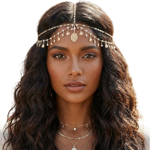 Nogeqi Gold Headpiece Shells Rhinestone Sequin Egyptian Head Chain Gold Head Piece Jewellery for Women Girls Goddess, Boho Egyptian Accessories for Festival Prom Wedding (Head Circumference 55-60cm)