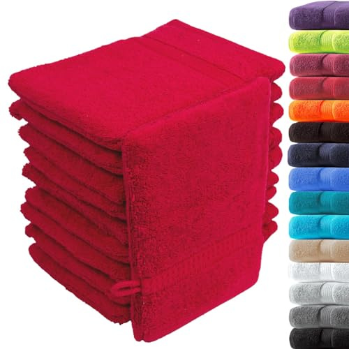 Loomiva 10er Set Waschhandschuhe Waschlappen | 16x21 cm | Rot | Premium Qualität | 500g/m² | 100% Baumwolle | ideal für Reisen & Gym und Sport | Öko-TEX Standard 100