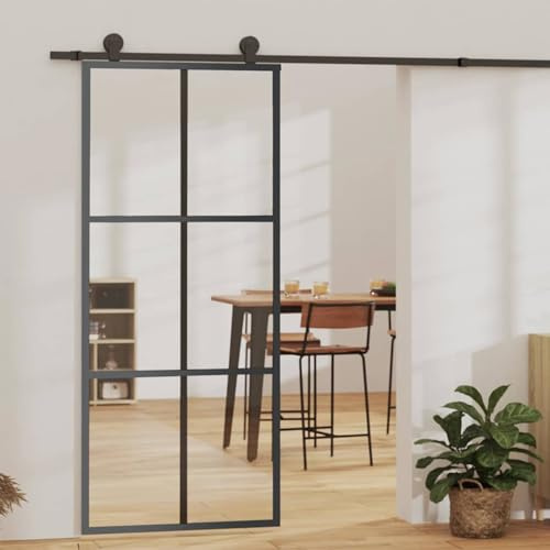 Tidyard Schiebetür ESG-Glas und Aluminium 90x205 cm Schwarz, Schiebetüren Komplettset für Trennwände Saloontüren Lofts Restaurants Wohnraum Industriedesign151012