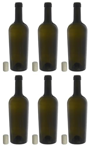 Flaschenland Juego de 6 botellas de vino de 750 ml Imperiale verde antiguo de cristal transparente, incluye corcho natural, ideal para embotellado, almacenamiento y presentación