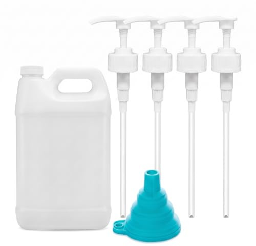 4Pcs 5L Pump Dispenser for 5 Litre Container with Plastic Jugs, 38mm | Pelican Pump Dispenser with Tube and Funnel for Shampoo Soap Syrup Cleaning Liquids(White)