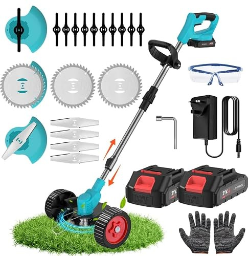 Débroussailleuse Électrique sans Fil, 21V Coupe Bordure sans Fil avec Batterie, Équipé de 2 Batteries 2.0Ah, 4 Lames Efficaces et Poignée Réglable, pour la Maison, la Cour, Le Jardin