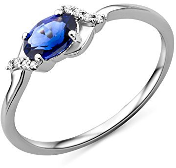 MIORE Schmuck Damen 0.03 Ct Diamant Verlobungsring mit Edelstein Geburtsstein blauer Saphir und 8 Diamanten Brillante Diamantring aus Weißgold 9 Karat (375) Gold
